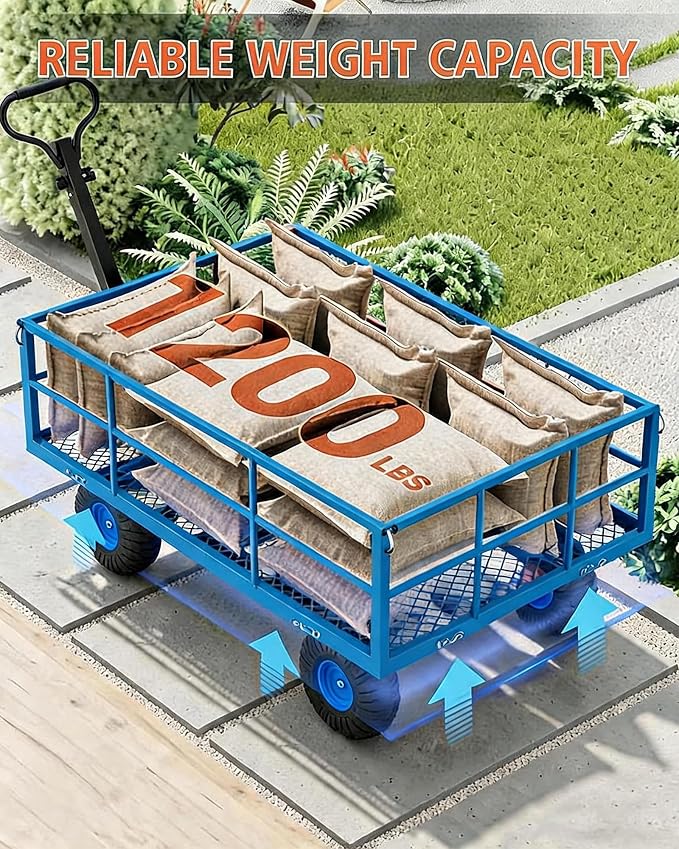 Garvee Steel Garden Cart, 1200 LBS Capacity Utility Outdoor Wagon, Heavy Duty Mesh Garden Wagon with Removable Sides, 2-in-1 Handle, 13" Tires for Yard, Lawn, Garden