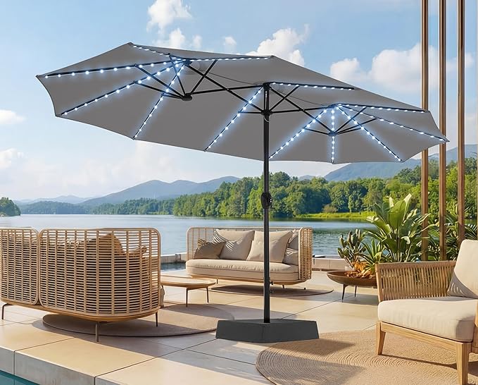 SUPERJARE 15ft Large Patio Umbrella with Base included, Double Sided Outdoor Umbrella with Solar Lights, Pool Umbrella with Fade Resistant Canopy for Deck, Porch, Yard, Balcony, Grey