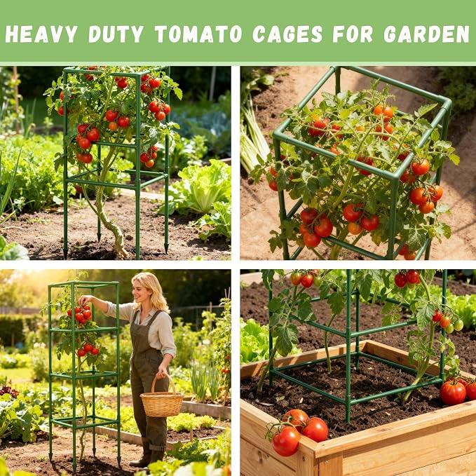 Riare 4 Pack Square Tomato Cages for Garden- 45 Inch Heavy Duty Tomato Stakes Plant Support, Metal Tomato Trellis for Climbing Plants Outdoor, Raised Garden Bed, Vegetables Flowers