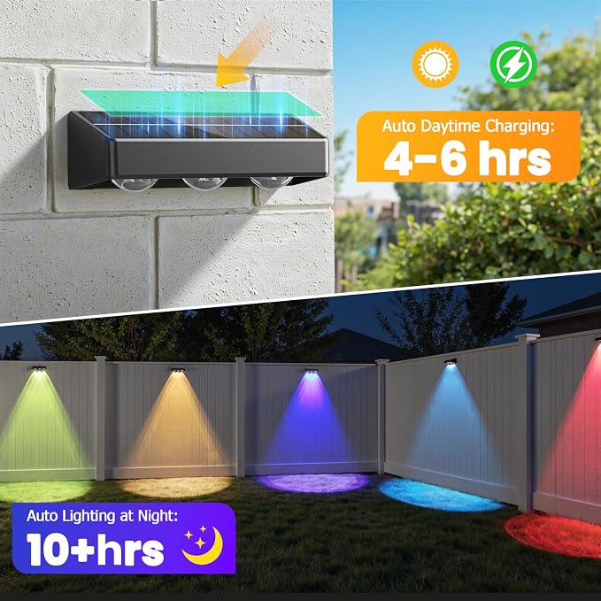 NIORSUN Solar Fence Lights, 12 Pack LED Outdoor Solar Deck Lights with Lenses, RGB Color, IP65 Waterproof, Solar Lights for Outside, Wall, Patio, Railing, Yard (Black)