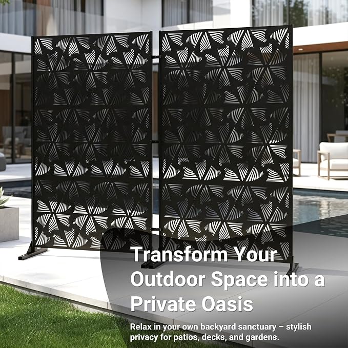 72in Metal Privacy Screen Outdoor Decorative Panel – Freestanding Rustproof Steel Patio Divider for Garden, Backyard, or Balcony, Modern Laser Cut Design for Stylish Privacy & Outdoor Decor