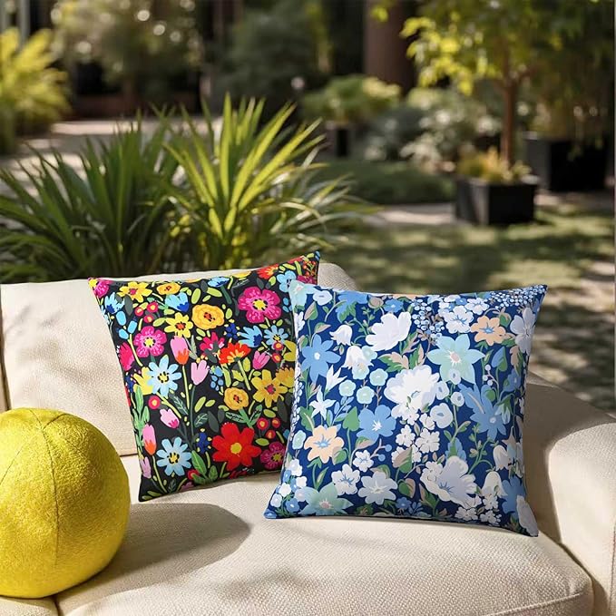 Adabana Spring Outdoor Waterproof Floral Pillow Covers Set of 2 Square Colorful Couch Cushion Cases 18x18 Inch Waterproof Decorative Pillows for Patio Garden Beach,Black