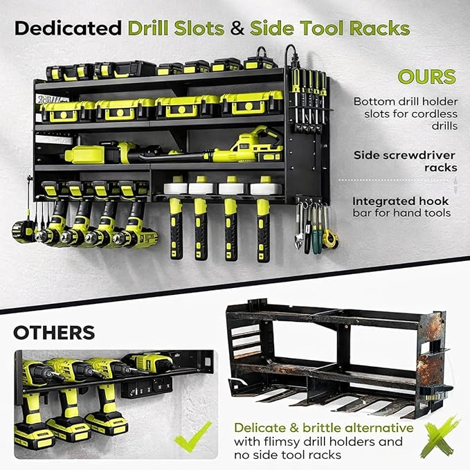 Large Power Tool Organizer Wall Mount, 6-Shelf Heavy Duty Metal Tool Storage Rack with Drill Holder Slots, Side Screwdriver Racks and Hook Bar, Wall Mounted Tool Organizer for Garage Workshop