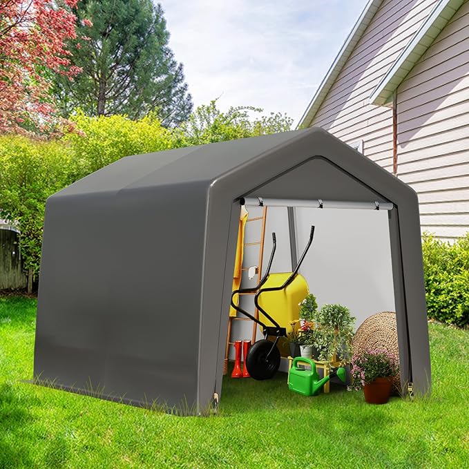 Outdoor Portable Storage Shed with Roll-Up Door,8X12X7.7FT Garage Tent Shelter with Side Wall, Portable Car Canopy for Snowmobile Bike Garden Tools