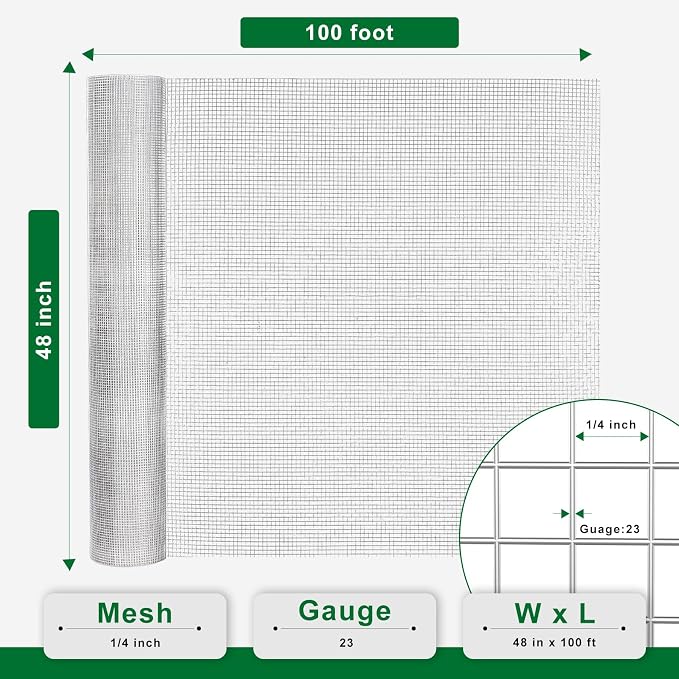 Hardware Cloth 1/4 Inch 48 x 100 Ft 23-Gauge Hot-dip Galvanized After Welding Fence Wire Mesh Roll Chicken Rabbit Snake Cage Welding Fencing