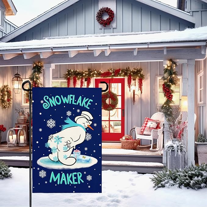 Winter Garden Flag Snowman Snowflake Maker Yard Flags Double Sided Christma Vertical Wall Banners Xmas Gift House Banner for Holiday Farmhouse Outdoor Decoration 12x18 Inch