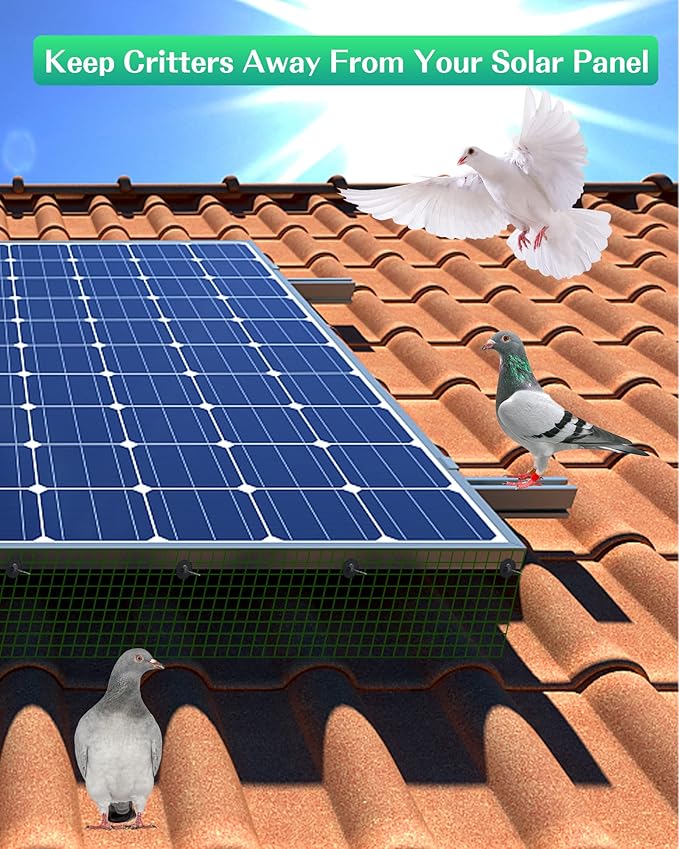 Solar Panel Bird Guard,6inx120ft Critter Guard for Solar Panels with 100pcs Fastener Clips,PVC Coated Galvanized Pigeon Solar Panel Mesh,Critter Guard with Plier,Gloves for Bird Proofing
