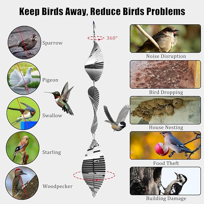 Stainless Steel Bird Deterrents for Outside,3D Wind Spinners Outdoor Decor,12 Discs Reflective Bird Scare Discs 4 Set Bird Reflectors to Keep Woodpecker Pigeon Away from House Window Patio Yard Porch