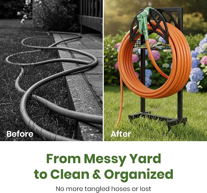 Oriva Garden Hose Holder Stand, Freestanding Water Hose Holder for Outside, Heavy Duty Rust-Resistant Metal Hose Hanger w/ 4-Spike Base, Holds upto 160ft, Outdoor Hose Storage for Yard, Lawn & Garden
