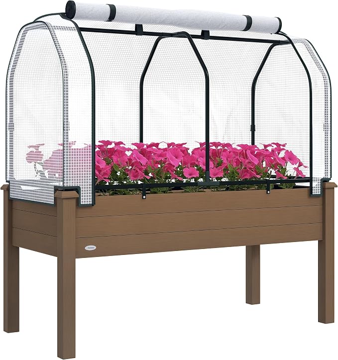 Outsunny Raised Garden Bed with PE Greenhouse Cover Outdoor Elevated Wood Planter Box for Herbs and Vegetables, Use for Patio, Backyard, Balcony, 48 x 22 x 46 inch, Brown