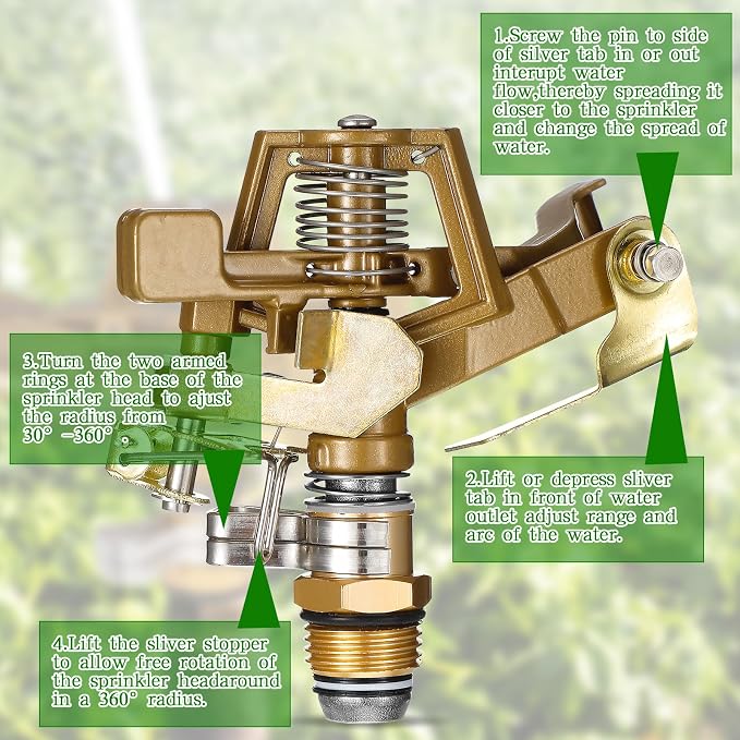 Ferraycle 14 Pieces 1/2 Inch Brass Impact Sprinkler Head with Nozzles Heavy Duty Adjustable 0-360 Degrees Impulse Sprinkler Head Lawn Watering for Yard Irrigation
