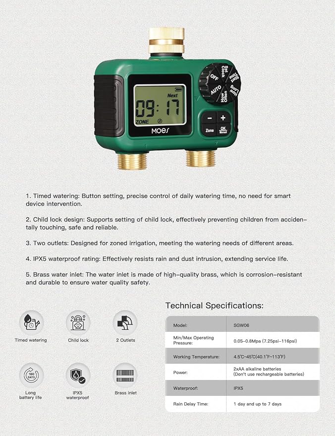 MOES 2 Outlet Sprinkler Timer, Brass Inlet & Outlet, Programmable Automatic Irrigation Controller, Rain Delay, Manual Watering, 2 Zone Water Hose Timer for Gardens, Lawns, and Hose Systems
