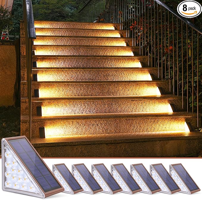 NIORSUN Solar Stair Lights,Warm White Outdoor Step Lights IP67 Waterproof Auto On Off, Outdoor Stair Lights for Steps,Stair,Patio,Yard,Porch,Front Door,Sidewalk,Deck Decor（Brown, 8 Pack）