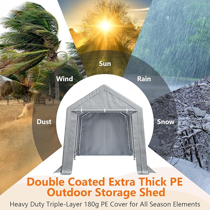 12'x12' Heavy Duty Grey PE+Steel Portable Carport, Waterproof Outdoor Storage Shelter for Garden Tools