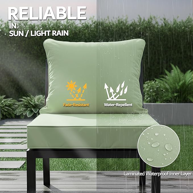 24x24 Inch Outdoor Chair Cushion with Removable Cover, Patio Furniture Cushion - Water-Repellent, Fade-Resistant, Non-Slip Bottom & Straps, Replacement for Deep Seat Sofa & Couch - Sage Green