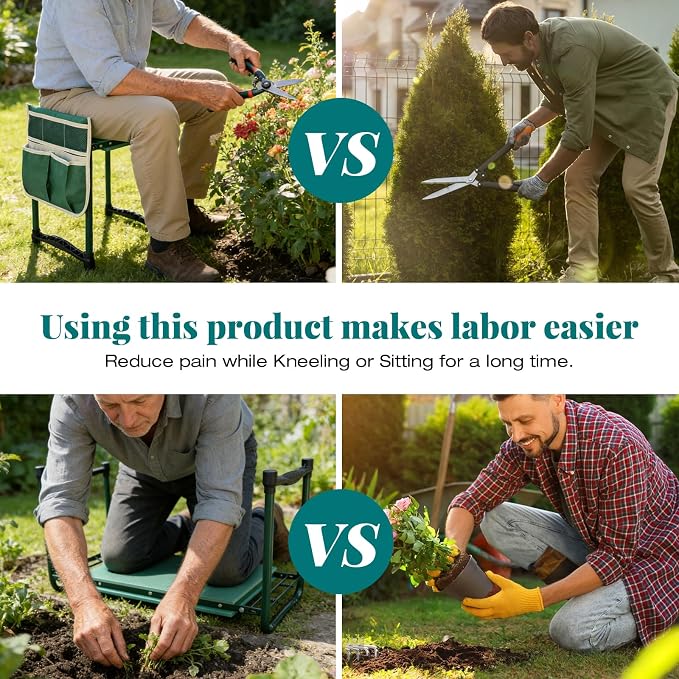 Heavy-Duty Garden Kneeler and Seat with Two Tool Bag Extra-Wide 11.02" Foldable Gardening Stool for Knee & Back Support | Non-Slip, Portable Bench for Women, Men, Seniors, Mom, Dad