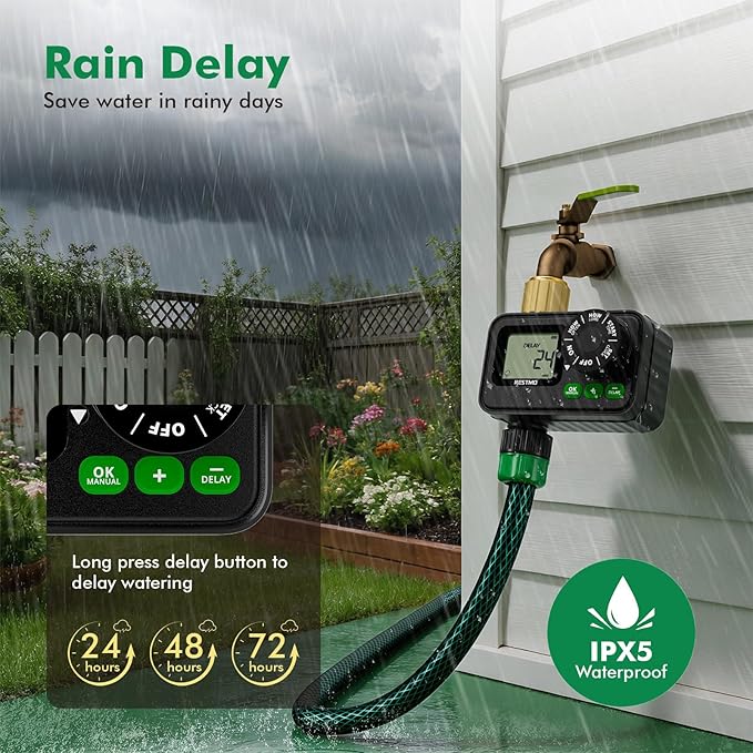 RESTMO Sprinkler Timer for Outdoor Hose Faucet, Up to 11h59m Programmable Watering Timer for Soaker Hose, Filling, Misting with Brass Inlet & Large Dial, Rain Delay/Manual/Automatic Irrigation System