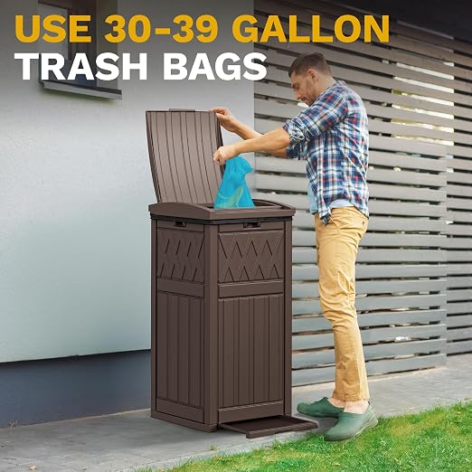 DWVO 38 Gallon Outdoor Trash Can, Resin Garbage Can with Tiered Lid and Drip Tray, Waterproof Trash Bin for Patio, Kitchen, Backyard (Brown)