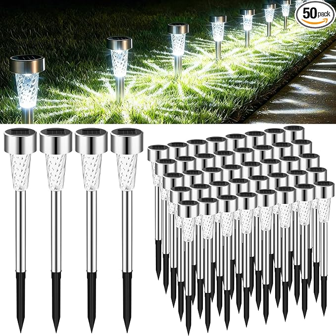 Huquary 50 Pack Solar Pathway Lights Outdoor Bulk, Stainless Steel LED Path Lights, Weather Resistant Solar Stake Light with Auto On/Off Sensor for Lawn, Patio, Driveway, Walkway, Garden Path