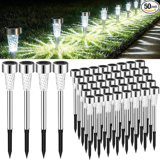 Huquary 50 Pack Solar Pathway Lights Outdoor Bulk, Stainless Steel LED Path Lights, Weather Resistant Solar Stake Light with Auto On/Off Sensor for Lawn, Patio, Driveway, Walkway, Garden Path