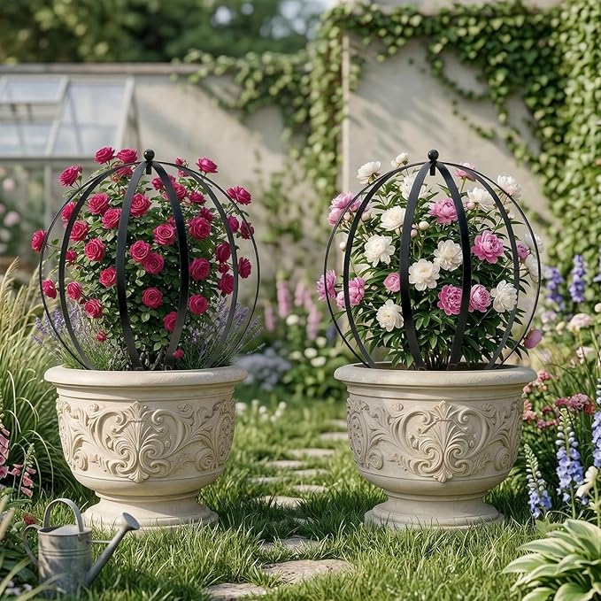 4 PCS Large Metal Round Trellis for Climbing Plants, Heavy Duty Thick Rustproof Obelisk, Garden Sphere Frame for Potted Roses Vines, Outdoor Garden Decor, Easy Assembly (18.5" x 15")