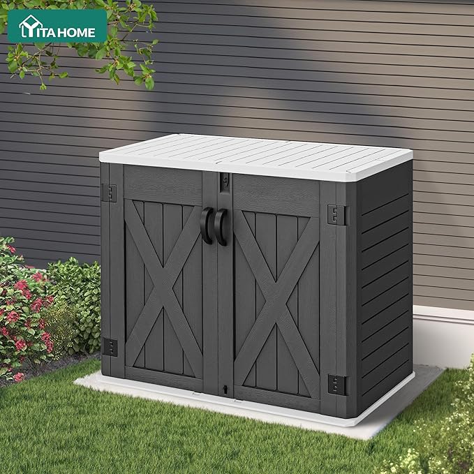 YITAHOME Outdoor Horizontal Storage Shed with X-Shaped Lockable Door, 35 Cu Ft All-Weather Resin Tool Shed w/o Shelf, Ideal for Bike, Trash Cans, Garden Tools, Lawn Mowers, Dark Gray