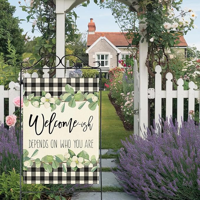 Artofy Welcome-ish Depends on Who You Are Large Decorative House Flag, Funny Family Buffalo Plaid Botanical Yard Garden Outside Decor, Humorous Burlap Outdoor Home Decoration Double Sided 28 x 40