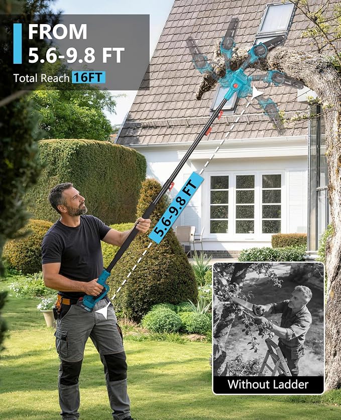 2-in-1 Cordless Pole Saw, 6 Inch 1000W Brushless Electric Pole Saws for Tree Trimming with 2 Batteries, 16ft Max Reach, Pole Chainsaw for Tree Limb Branch Cutter Pruner