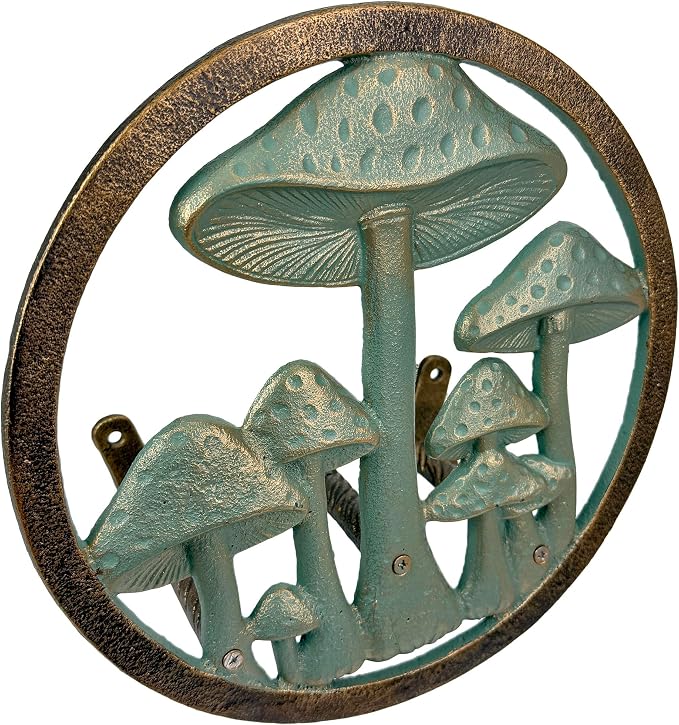 Zeckos 11.75 Inch Cast Iron Mushroom Garden Hose Holder, Verdigris and Bronze Outdoor Hose Hanger with Matching Hardware for Porch, Patio, Fence or Yard Wall Decor and Garden Hose Storage