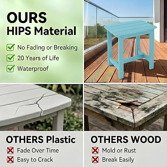 Y&M Outdoor Side Table, HIPS Adirondack Small Single Table, Waterproof Square Outside Table, Balcony Modern End Tables for Patio, Pool, Beach, Porch, Deck, Indoor or Outdoor Use, Light Blue