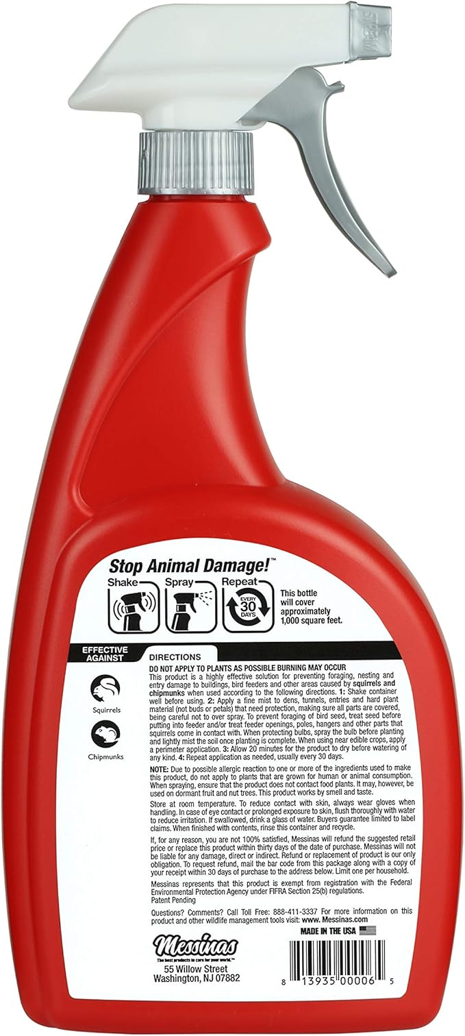 Squirrel Stopper Repellent Spray - Chipmunk & Squirrel Deterrent for Bird Feeders, Garden & Homes - Weather-Resistant Formula - Scent, Taste & Touch Barrier - Safe Around Kids & Pets - 32oz