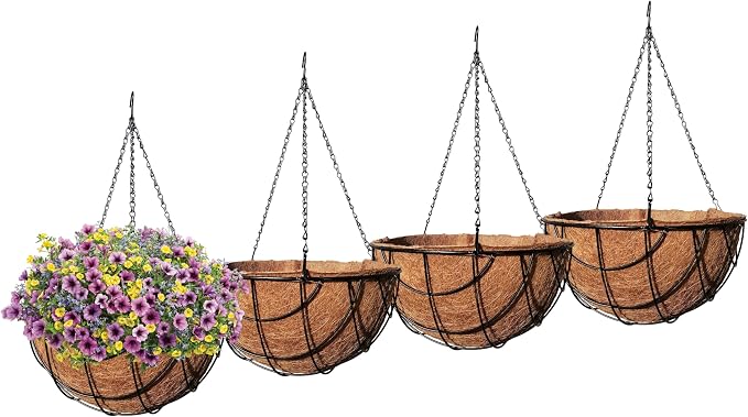 MTB Supply 4 Pack 14 Inch Garden Hanging Baskets Vintage Geo with Coco-Liner for Home Balcony Patio Decoration Outdoor Hanging Planter