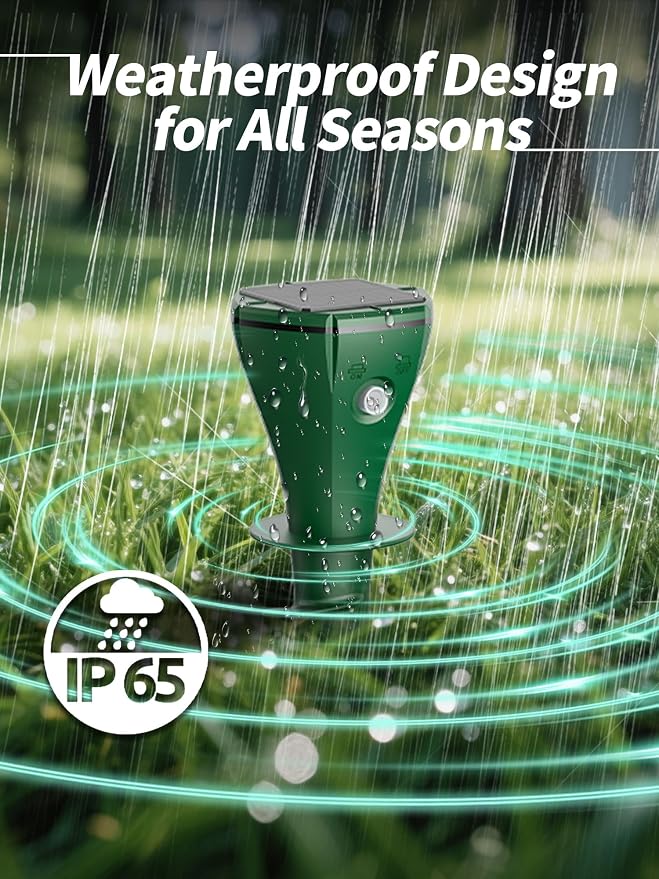 Solar Powered Animal Repellent for Yards - Waterproof Sonic Vibration Device Removes Moles, Gophers, Groundhogs, Voles, Snakes - Simple Twist Stakes for Lawn & Garden (4, Green)