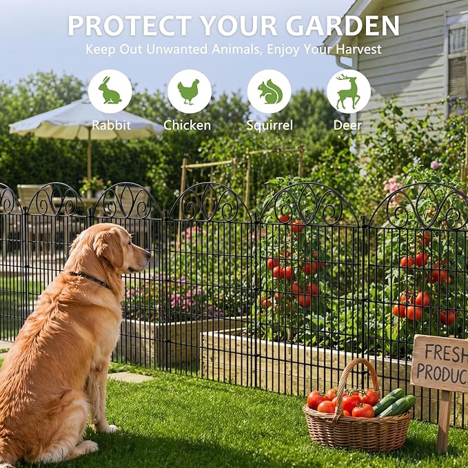 10 Panels No Dig Tall Garden Fence with Gate – 48" H X 26.25' L Rustproof Metal Dog Fence Outdoor for Yard, Decorative Animal Barrier Fence for Pet, Garden Border, Patio, Flower | Temporary Fencing