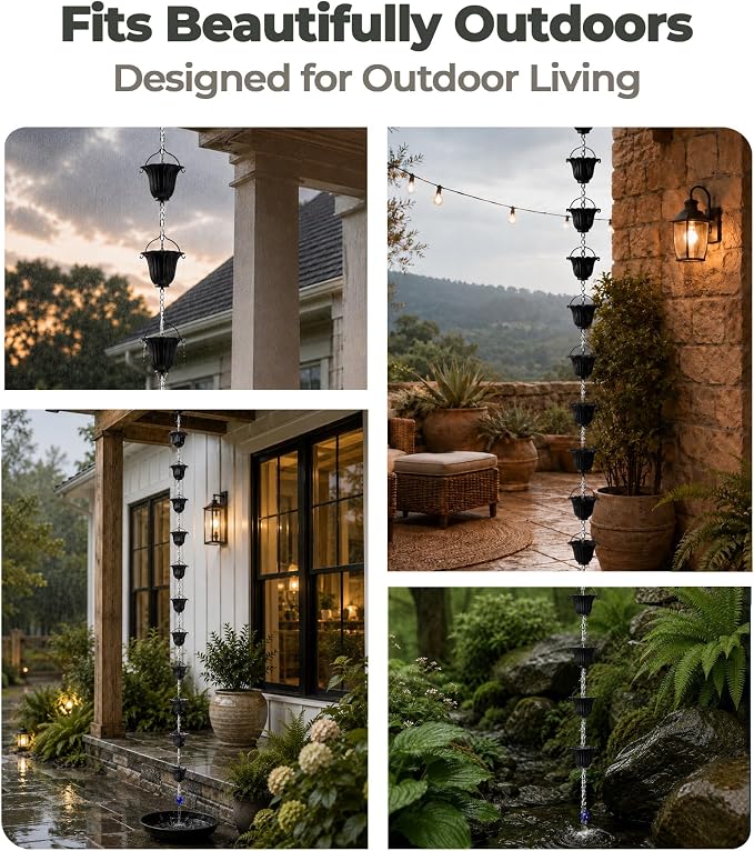 Black Rain Chain for Gutters, 12 Cup Tulip Decorative Water Feature, 8FT 8IN Adjustable Metal Chain Rain Diverter for Modern Outdoor Garden Décor with Crystal Accent