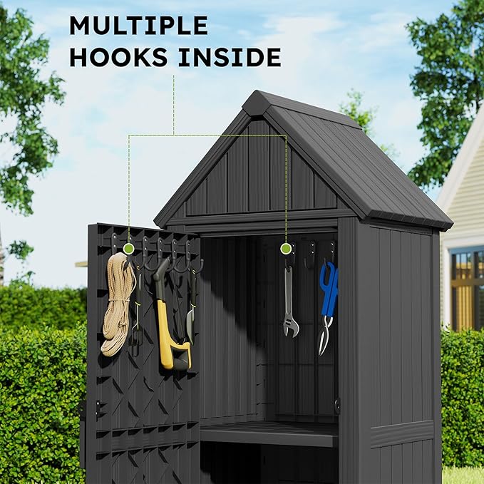 Vertical Outdoor Storage Shed, Waterproof Resin Outdoor Storage Cabinet with Removable Shelves & 12 Hooks, Lockable Small Tool Shed for Garden, Backyard, Patio, Pool, Black