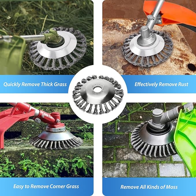 6-Inch Universal Weed Brush Cutter Trimmer Head, Heavy Duty Steel Weed Eater Attachments. Fits Most String Trimmers for Edging, Cleaning Moss, Weeds & Stains from Pavement, Brick, Driveway.