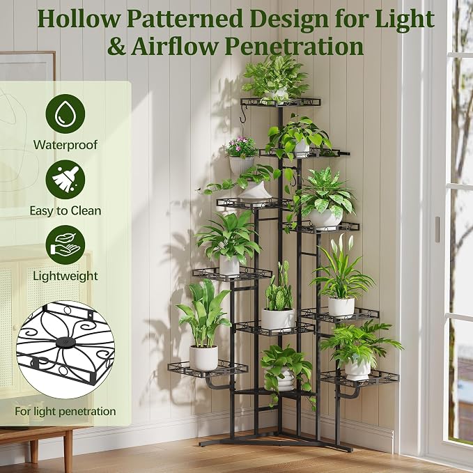 Quikraen 58" Tall Plant Stand Indoor, 10-Tier, Black | Corner Flower Stand Outdoor Metal Plant Stand