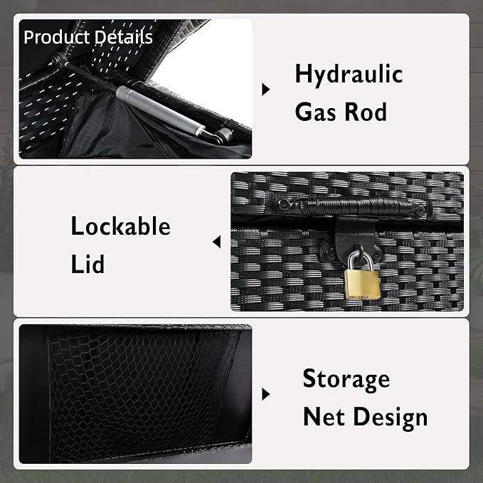 230 Gallon Wicker Deck Box - Waterproof Outside Storage Box with Wheels - Outdoor Bench for Indoor & Outdoor Use, Storage Bin for Patio Furniture, Pool Storage and Garden Tools - Black