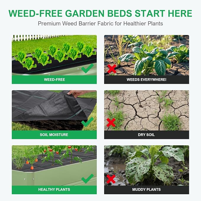 4x2ft Weed Barrier Fabric 6Pcs - Landscape Garden Bed Liner for Raised Beds | 3.2oz Heavy Duty Woven Geotextile Fabric | Planters Box Gardening Weed Control Mat with 36 Staple
