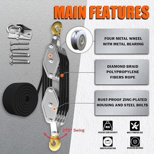 YATOINTO Rope Hoist Pulley System, 4400LB Block and Tackle Pulley System, 8:1 Lifting Power 65ft, Pulley Block for Lifting Loading Pulling with 1 Swing Hanger 2 Screws 2 Expansion Bolts