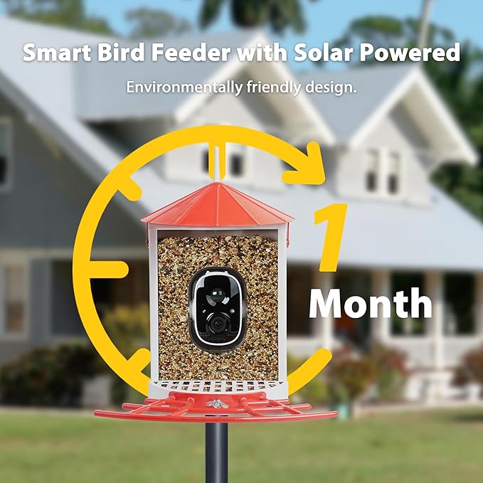 Smart Bird Feeder with Camera Solar, Auto Capture Bird Videos & Motion Detection, Birds Watching Camera Notify in Time, Metal Birds Feeder with Seed Guard, Ideal Present for Mom (Red)