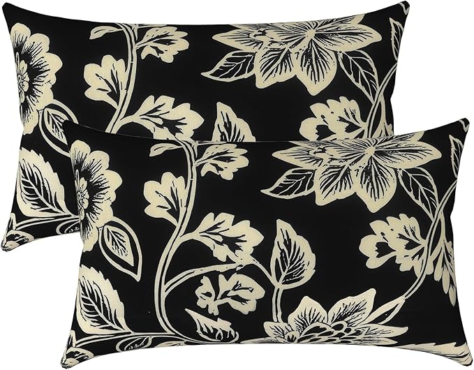 LVTLVTXIII 12×20 Inch Outdoor Lumbar Pillows, Pack of 2 Water Repellent Lumbar Pillow with Inserts, Fluffy Decorative Garden Lumbar Cushions for Home Patio Coach Sofa Use, Elegant Vines Black