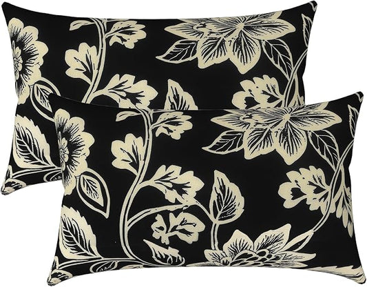 LVTLVTXIII 12×20 Inch Outdoor Lumbar Pillows, Pack of 2 Water Repellent Lumbar Pillow with Inserts, Fluffy Decorative Garden Lumbar Cushions for Home Patio Coach Sofa Use, Elegant Vines Black