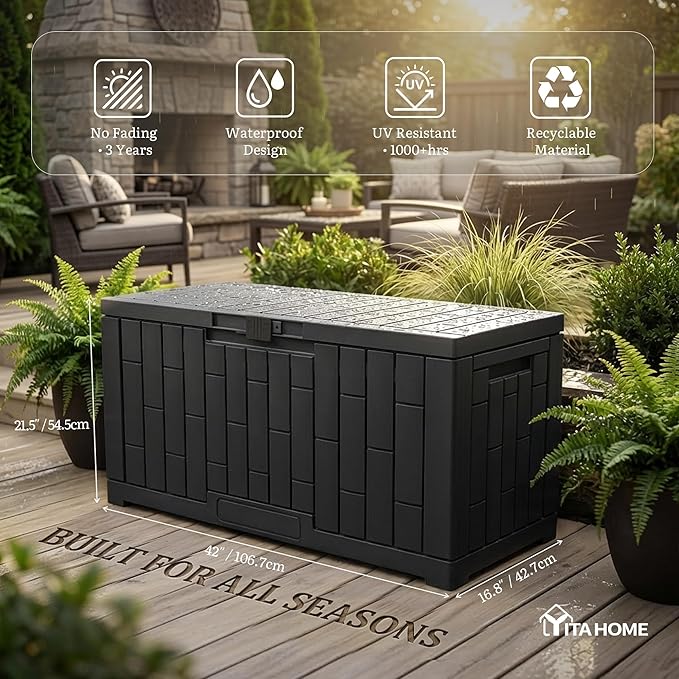 YITAHOME 60 Gallon Outdoor Storage Box, Waterproof Resin Deck Box with Slide-Locking Lid, Patio Storage Bin and Bench Seat for Patio Furniture, Garden Tools and Pool Accessories, Black