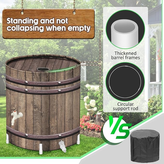PAETAE Collapsible Rain Barrels, 50 Gallon Rain Water Collection Barrel, Rain Catcher Barrels to Collect Rainwater from Gutter, Leak-Proof Design, Woodgrain