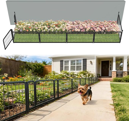 FXW Garden Fence Outdoor for the Yard – 17in(H) x 14.7ft(L) Heavy Duty Metal Animal Barrier for Dog, No Dig Decorative Dog Fence, 6 Panels, Black