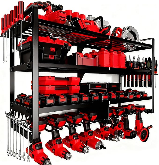 Large Power Tool Organizer Wall Mount, 4 Layer Heavy Duty 8 Cordless Drill Holder Tool Storage Rack, Load 400lbs Utility Power Tool Rack for Garage,Workbench,Workshop,Gifts for Men