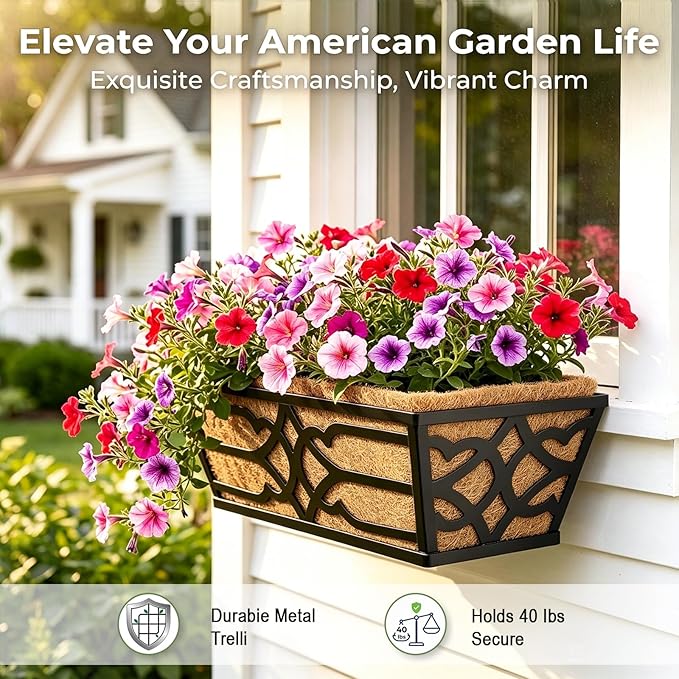 2 Pack 16 Inch Railing Planter Boxes with Coco Liner, Window Boxes Planters for Deck Railing, Metal Hanging Flower Pot Holder for Apartment Balcony Decor and Fence Post Railing