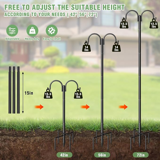 Double Shepherds Hooks for Outdoor, Heavy Duty Bird Feeder Pole with 5-Prong Base - Rust-Proof, Adjustable Bird Feeder Hanger for Garden, Wedding Decor & Hanging Plants